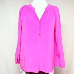 Lilly Pulitzer Pink 100% Silk Blouse Women's Large Gold Buttons Minor Spots